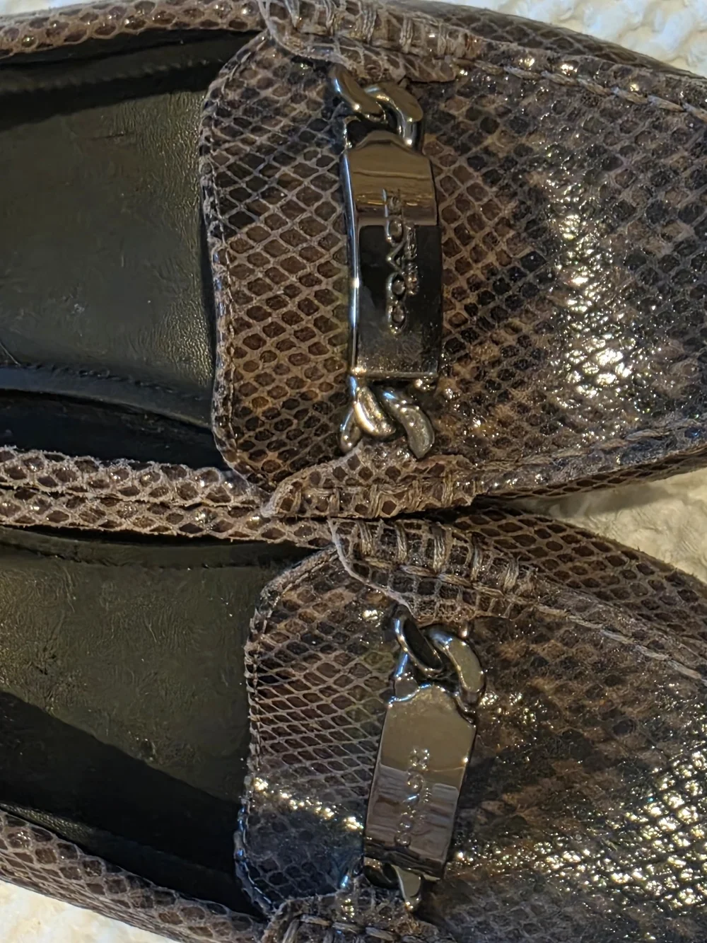 Coach Taupe Snake-Embossed Loafers with Metal Bit